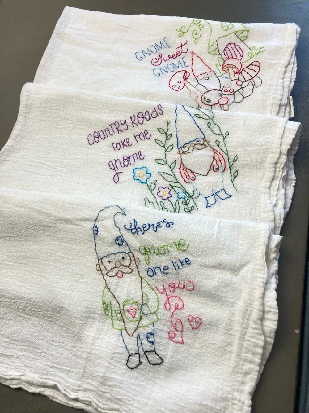 Hand-Embroidered Whimsical Gnome Flour Sack Kitchen Dish Towels - Set of 3